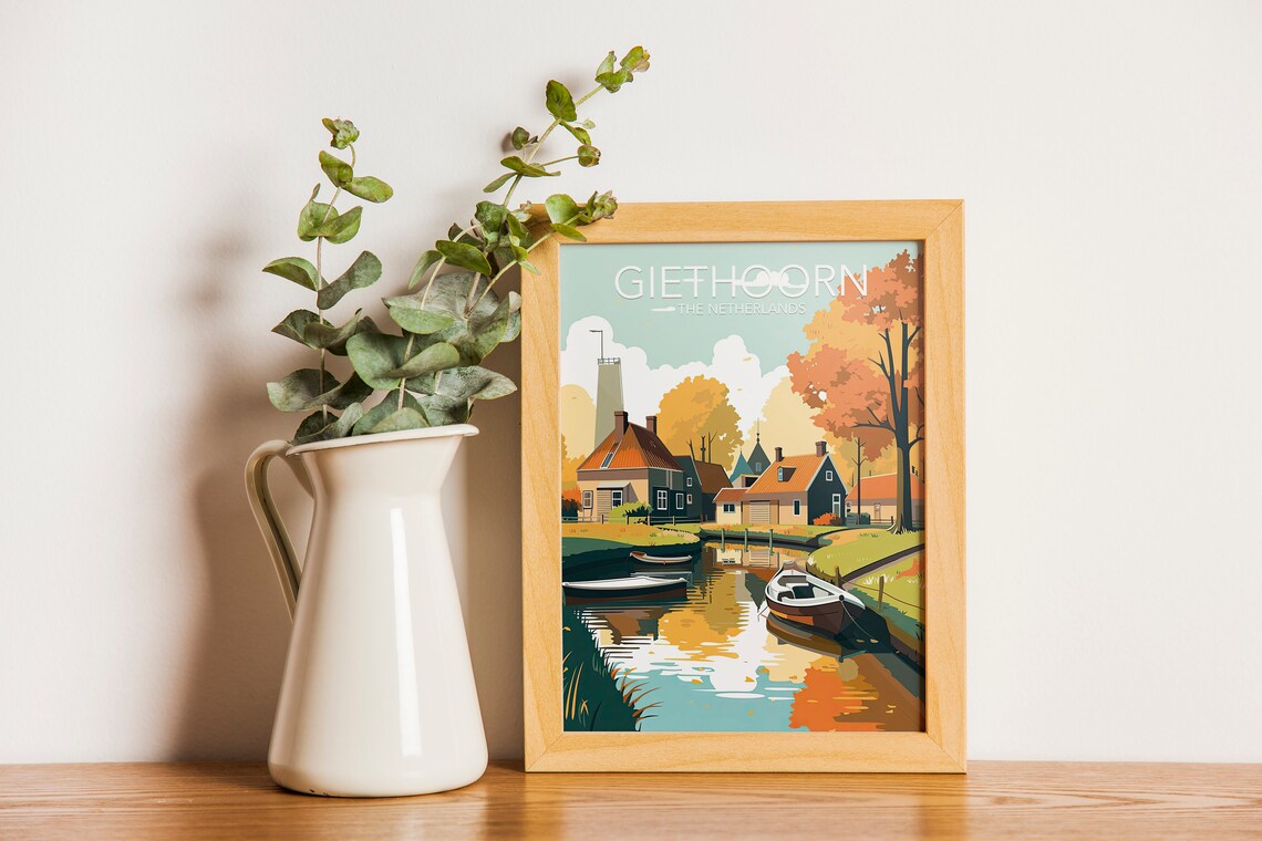 Giethoorn Netherlands Canal Village Autumn Boats Vintage Art Poster - Image 2