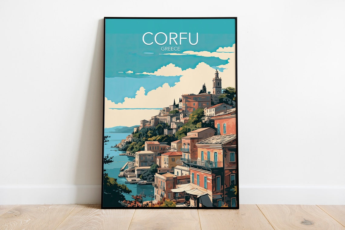 Corfu Greece Coastal Hillside Town Sea View Travel Art Poster - Image 2