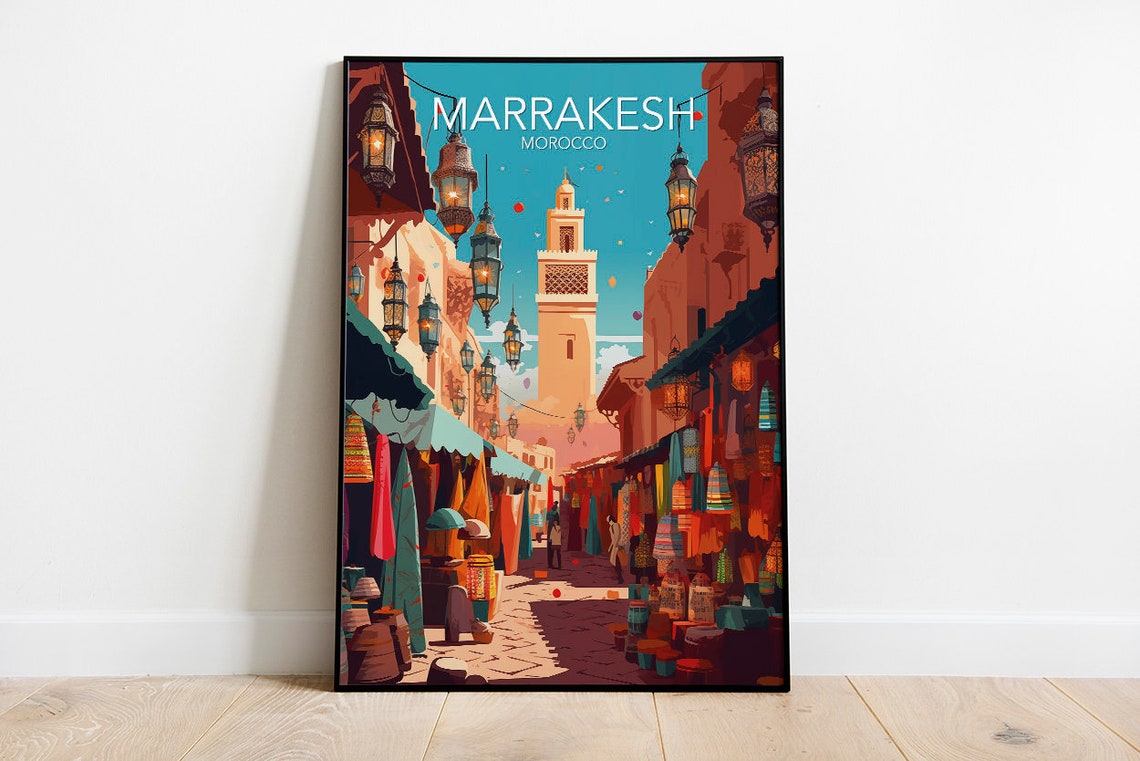 Marrakesh Morocco Lantern Market Street Souk Scene Art Poster