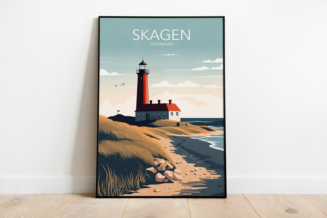 Skagen Denmark Lighthouse Dunes Coastline Sunset Travel Poster