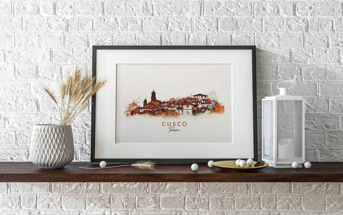 Cusco Peru Terracotta Old Town Cathedral Ink Sketch Art Poster - Image 2