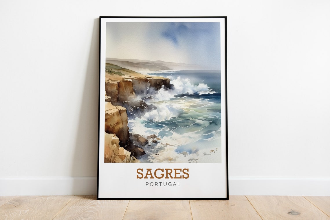 Sagres Portugal Crashing Waves Rocky Coast Watercolor Art Poster
