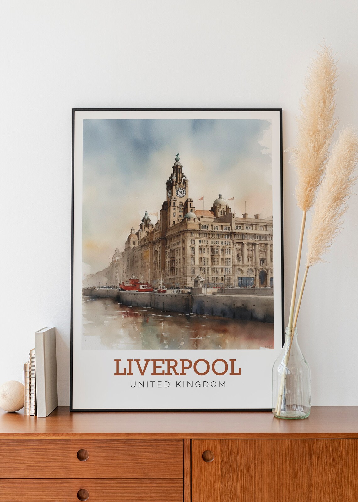 Liverpool UK Waterfront Clock Tower Watercolor Art Travel Poster