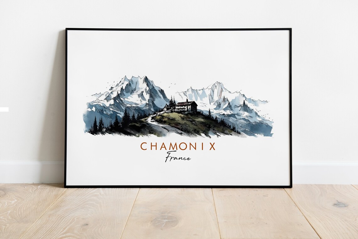 Chamonix France Snowy Alpine Peaks Chalet Watercolor Art Poster
