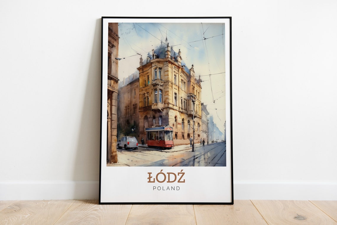 Lodz Poland Historic Tram Street Watercolor Art Travel Poster