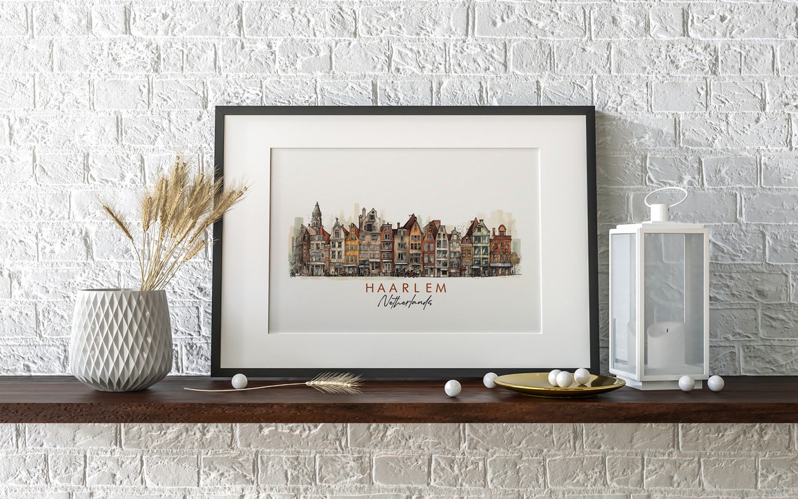 Haarlem Netherlands Canal Side Row Houses Ink Sketch Art Poster - Image 2
