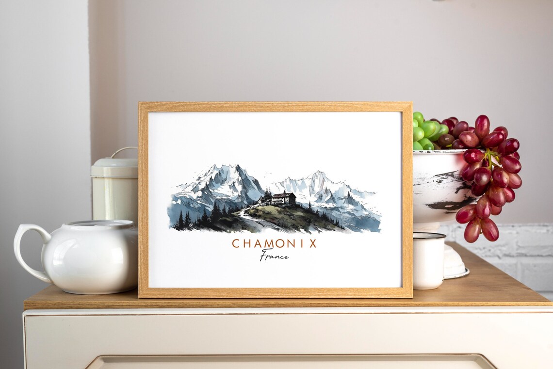 Chamonix France Snowy Alpine Peaks Chalet Watercolor Art Poster - Image 3