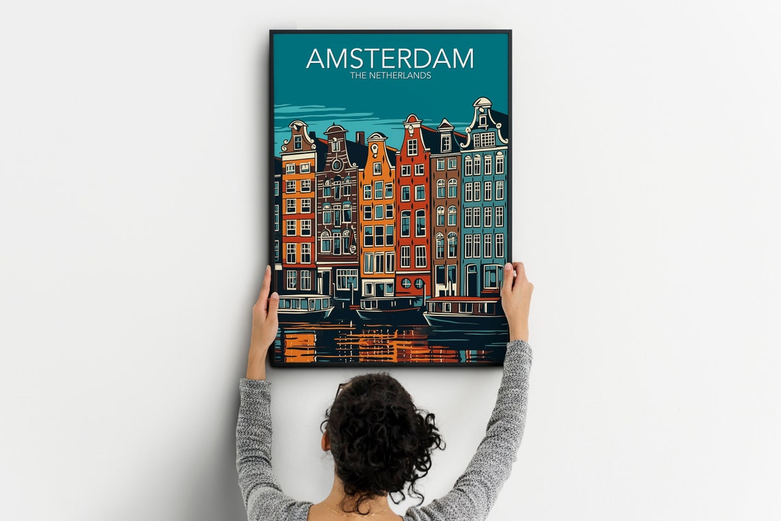 Amsterdam Netherlands Canal Houses Boats Vintage Travel Poster - Image 2