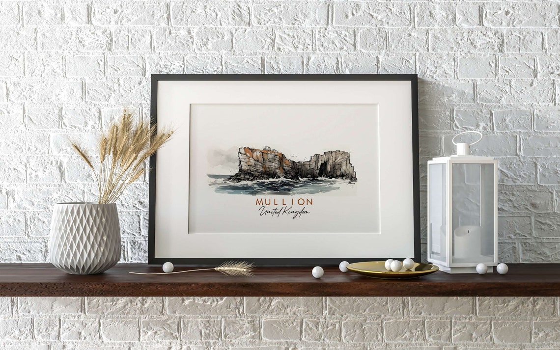 Mullion United Kingdom Sea Cliffs Waves Ink Sketch Art Poster - Image 2