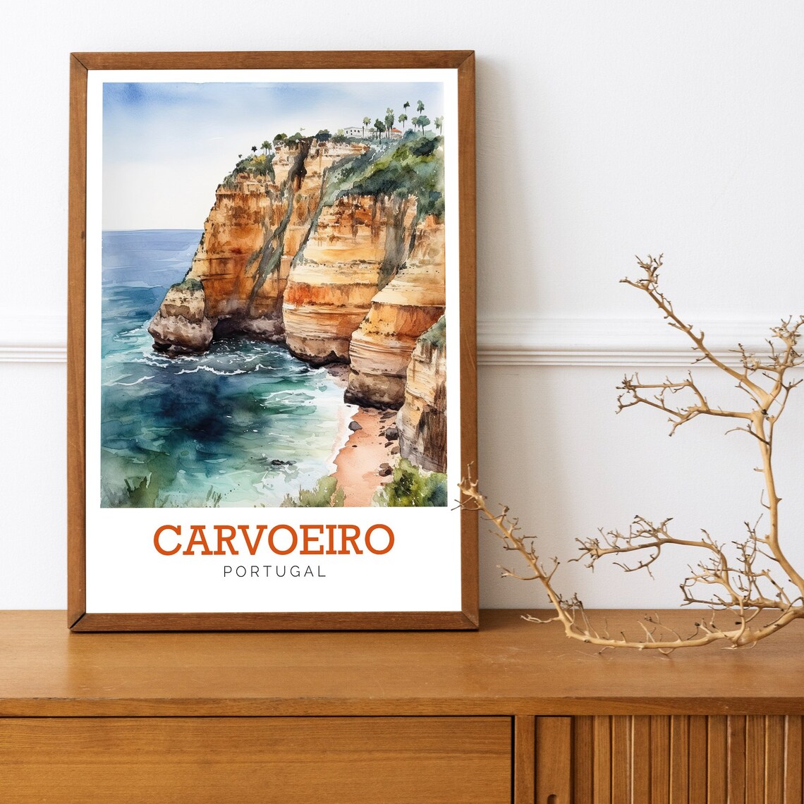 Carvoeiro Portugal Golden Cliffs Algarve Coast Watercolor Poster