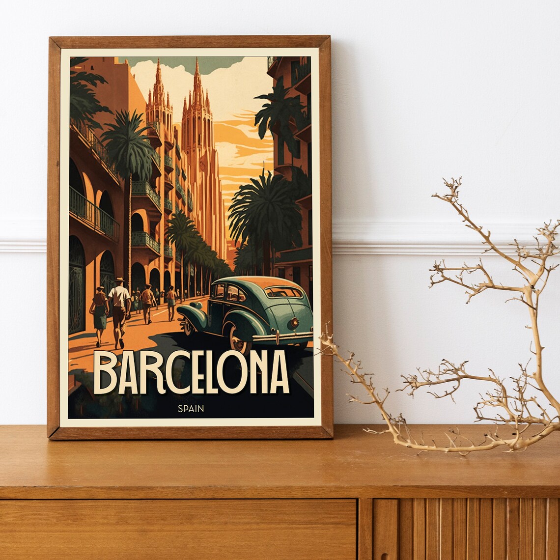 Barcelona Spain Cathedral Street Vintage Car Sunset Travel Poster