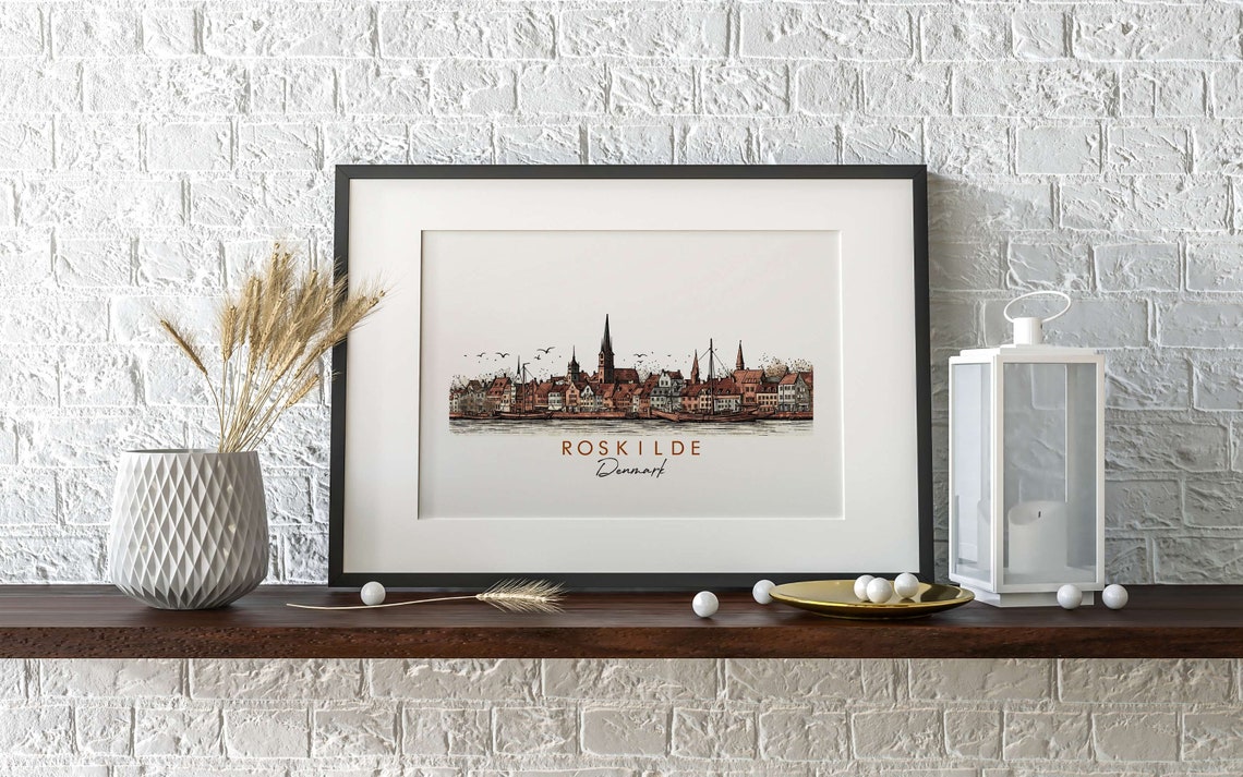 Roskilde Denmark Harbor Sailboats Cathedral Spires Ink Poster - Image 2