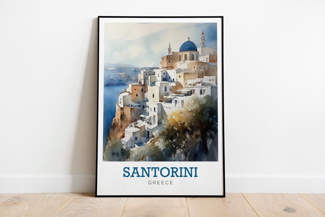 Santorini Greece Blue Dome Cliffside Village Watercolor Travel Poster