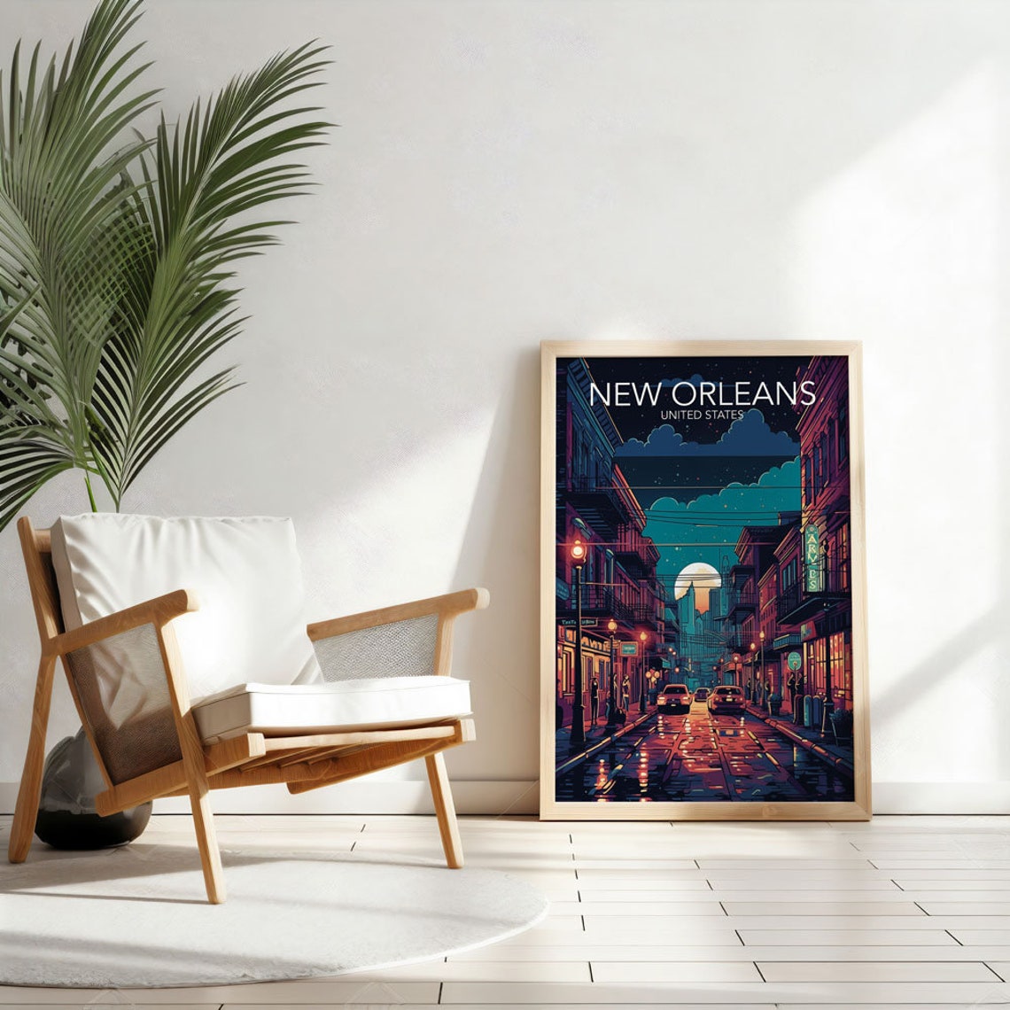 New Orleans Louisiana Moonlit Neon Night Street Scene Poster - Image 3