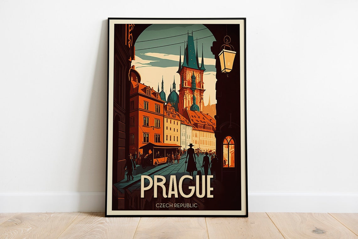 Prague Czech Republic Old Town Church Spire Vintage Travel Poster