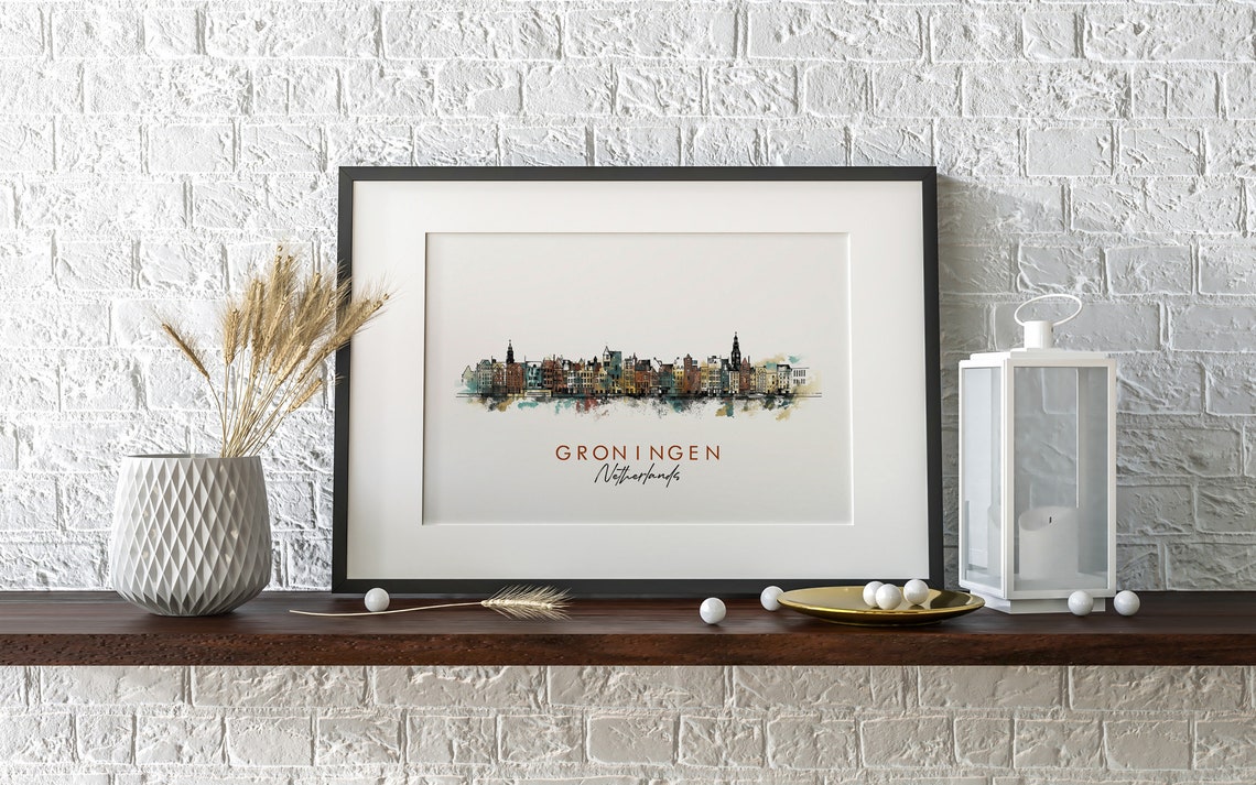 Groningen Netherlands Waterfront Skyline Watercolor Art Poster - Image 2