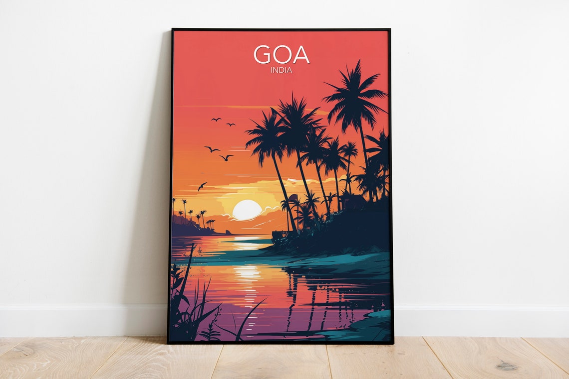 Goa India Tropical Palm Beach Sunset Ocean Silhouette Poster