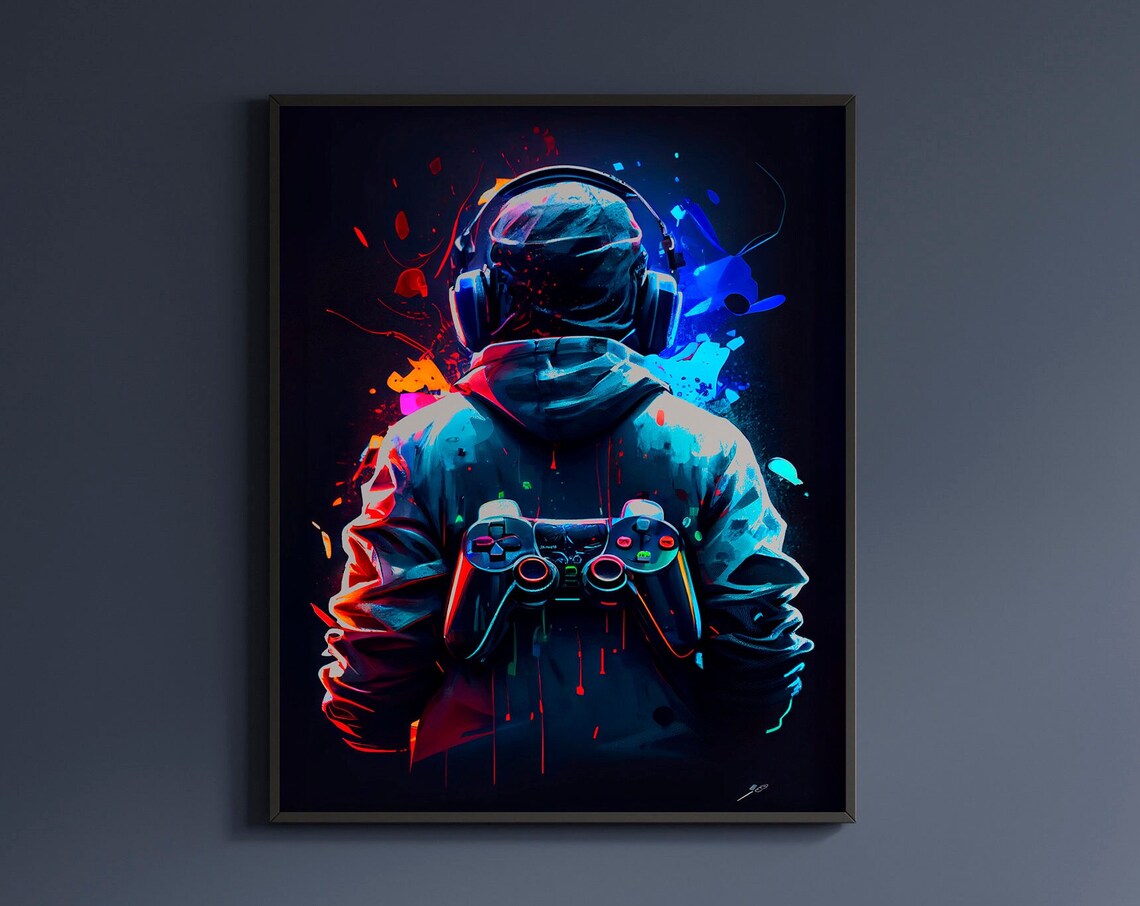 Hooded Gamer Neon Portrait Controller Headphones Gaming Poster Art