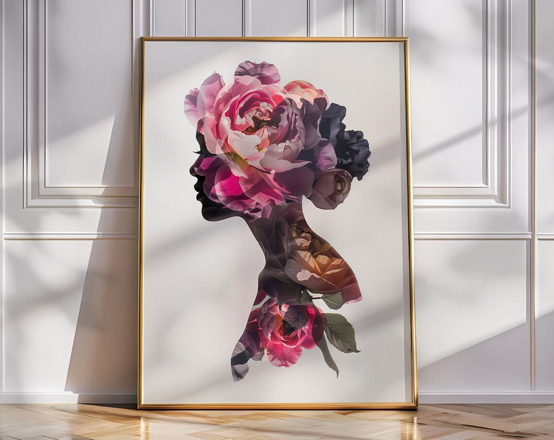 Woman Profile Silhouette Filled With Pink Peonies Roses Art Print