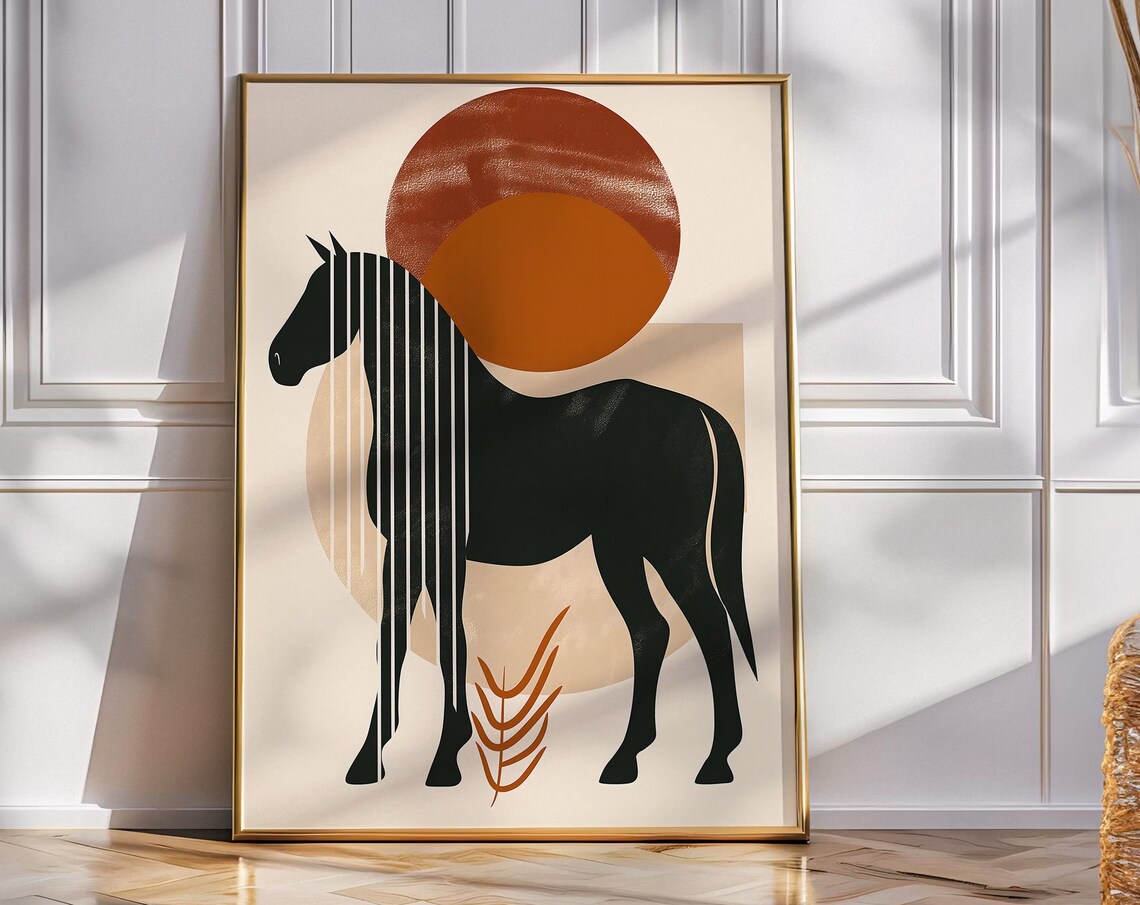 Minimalist Black Horse Silhouette Burnt Orange Sun Boho Wall Art