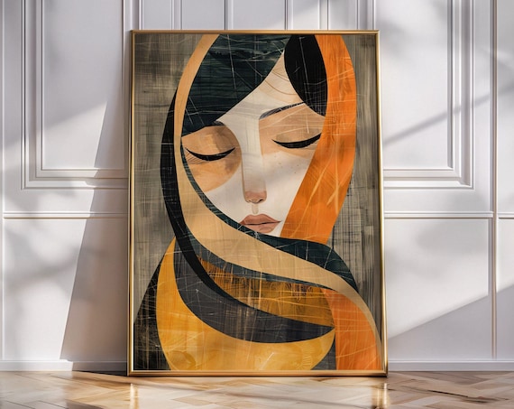 Abstract Woman In Orange Scarf Poster Modern Geometric Face Art
