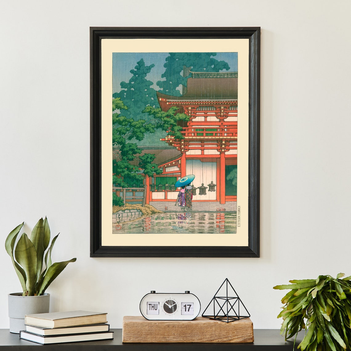 Japanese Red Temple Rain Umbrellas Vintage Woodblock Style Poster - Image 2