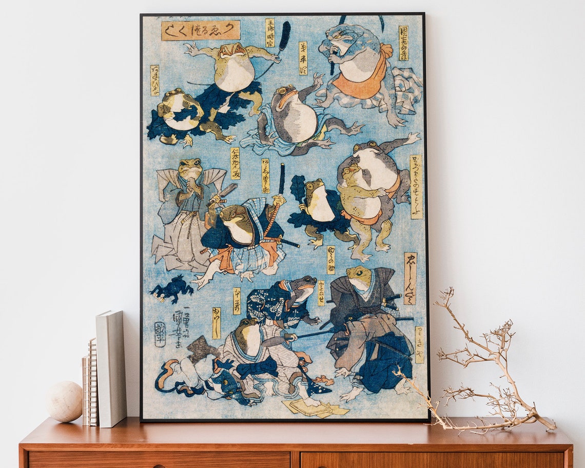 Utagawa Kuniyoshi Frogs Samurai Kabuki Playful Woodblock Poster