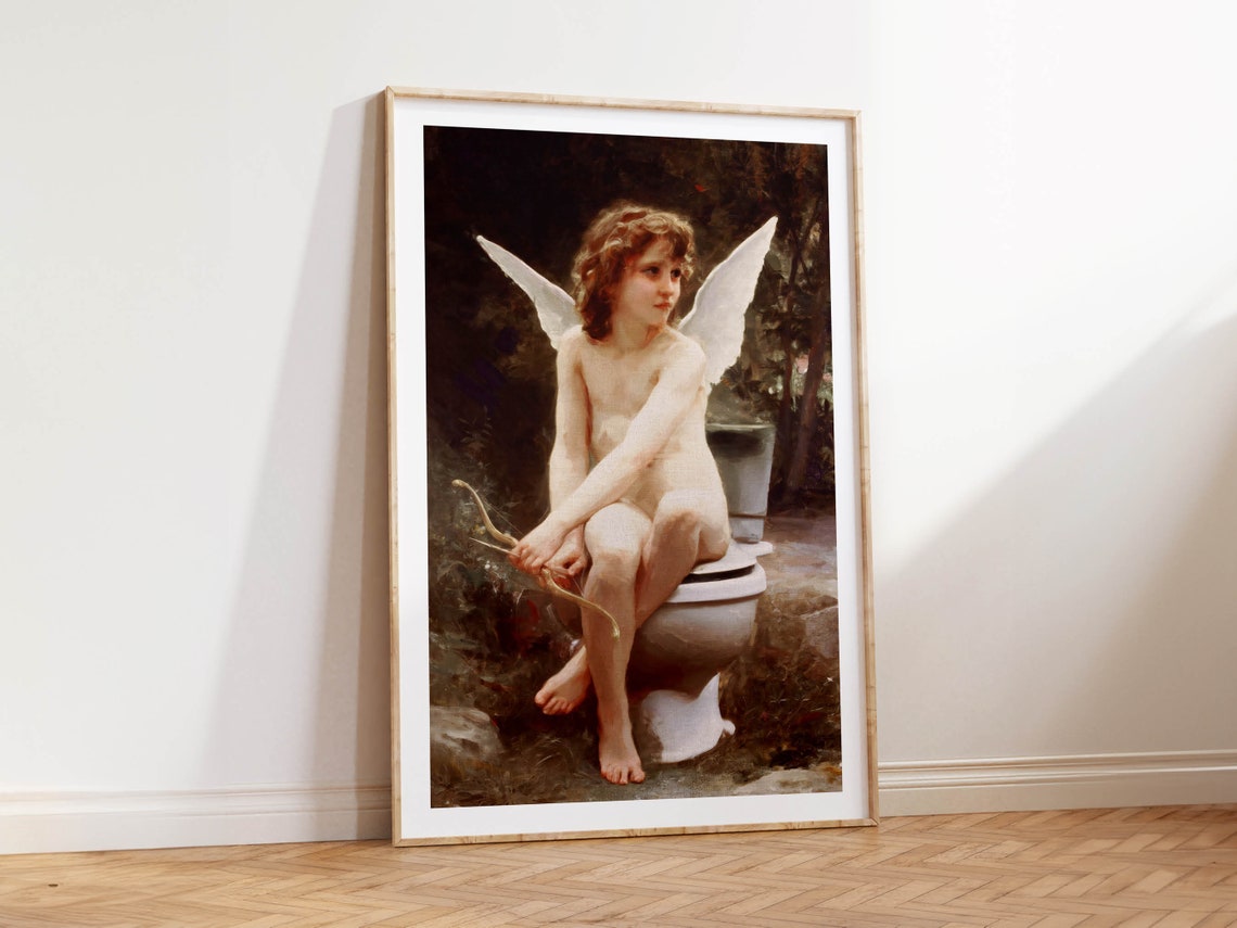 Funny Classical Cherub Sitting On Toilet Bathroom Humor Poster - Image 2