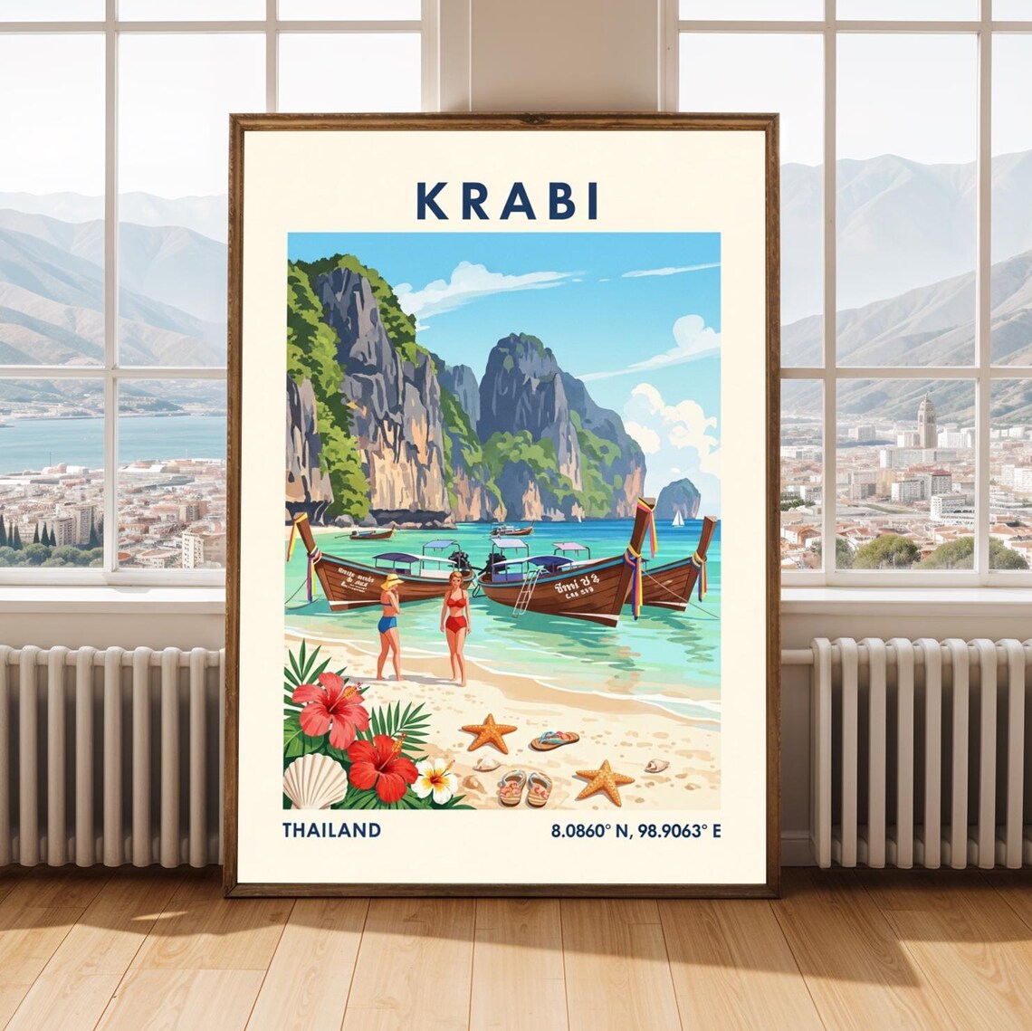 Krabi Thailand Vintage Travel Poster Beach Boats Hibiscus Paradise Art