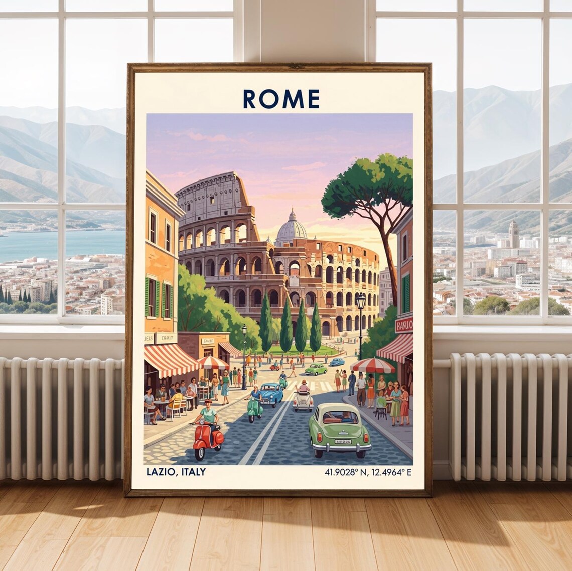 Rome Colosseum Street Vespas Vintage Italian Travel Poster Art