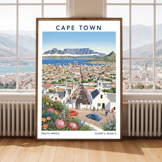 Cape Town Table Mountain Art Print Vintage South Africa Travel Poster