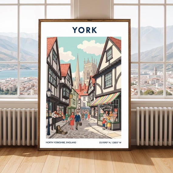 York City Streets Illustration Vintage Travel Poster Red Blue Art