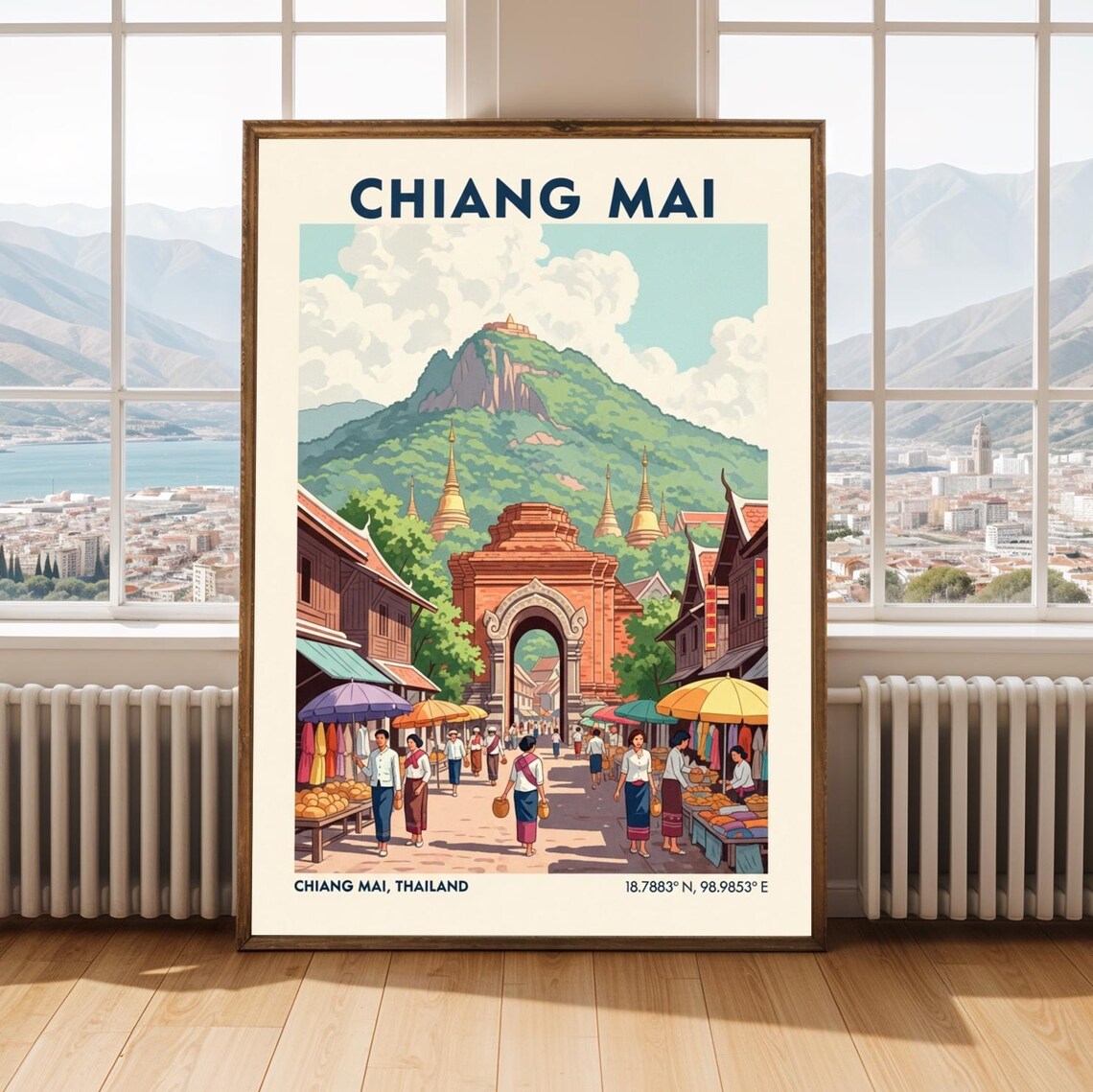 Chiang Mai Old City Gate Doi Suthep Vintage Thailand Travel Poster