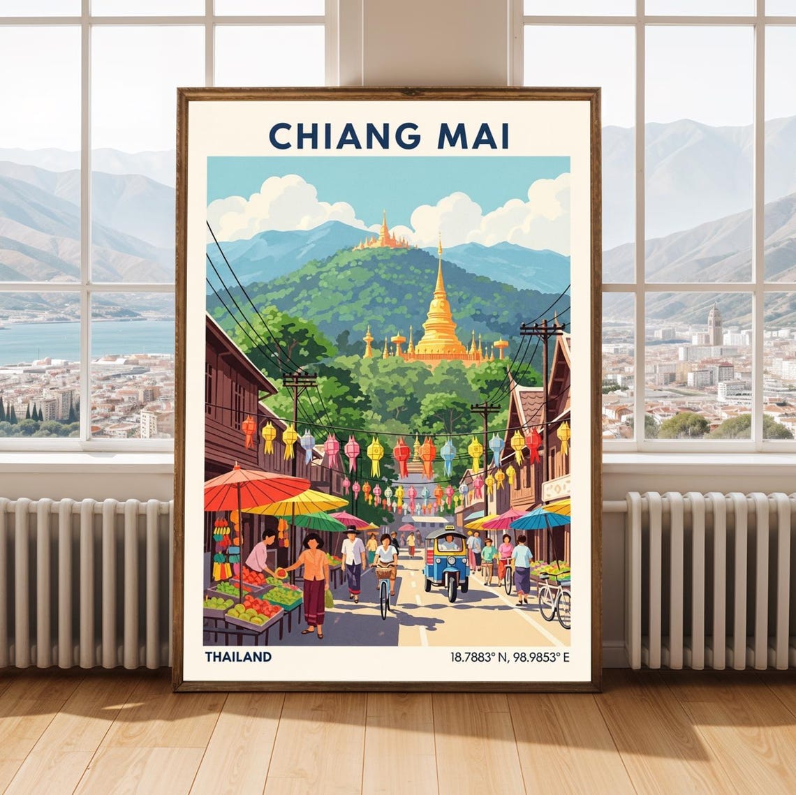 Chiang Mai Thailand Vintage Travel Poster Lanterns Temple Mountain Art