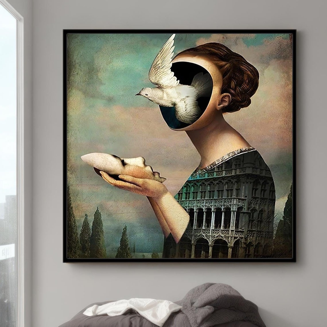 Surreal Woman With Dove Emerging From Face Dreamlike Art Poster