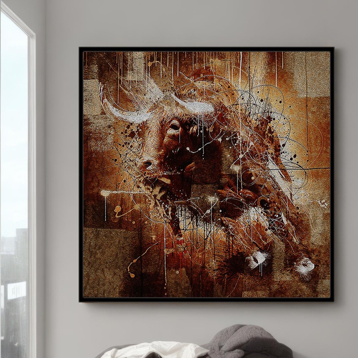Bull Head Abstract Drip Paint Sepia Textured Western Art Poster