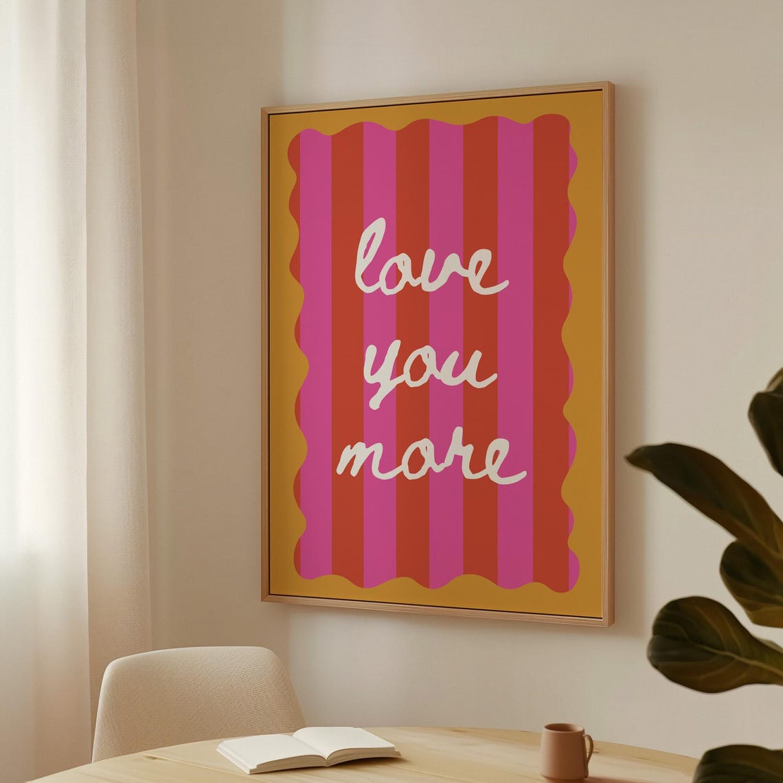 Love You More White Script Pink Striped Wall Decor Quote Poster