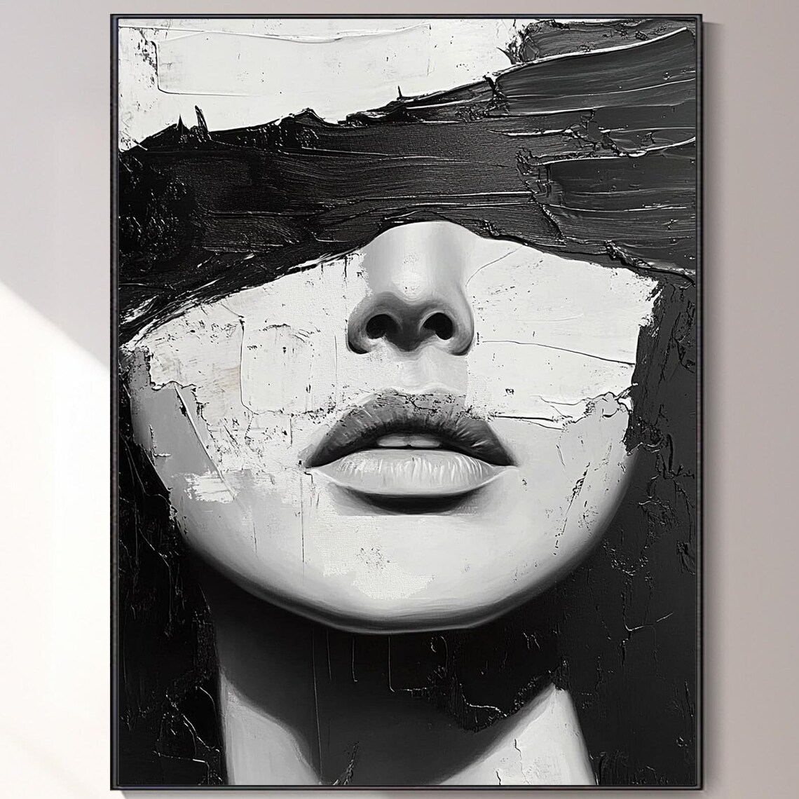 Black White Abstract Woman Face Portrait Eyes Covered Oil Poster