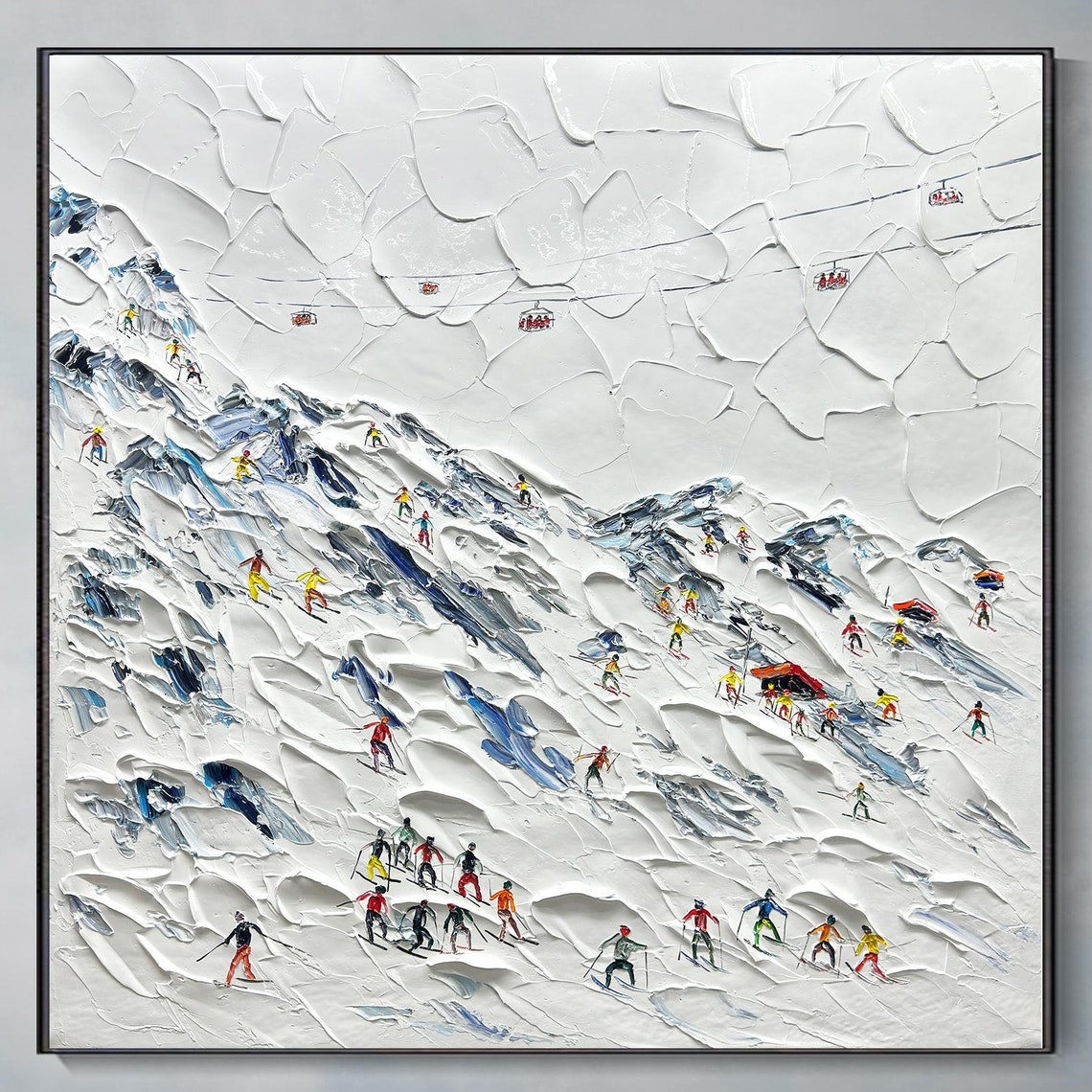 Aerial Ski Resort Tiny Skiers White Snow Texture Painting Poster