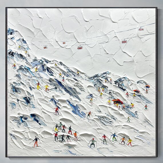 Aerial Ski Resort Tiny Skiers White Snow Texture Painting Poster
