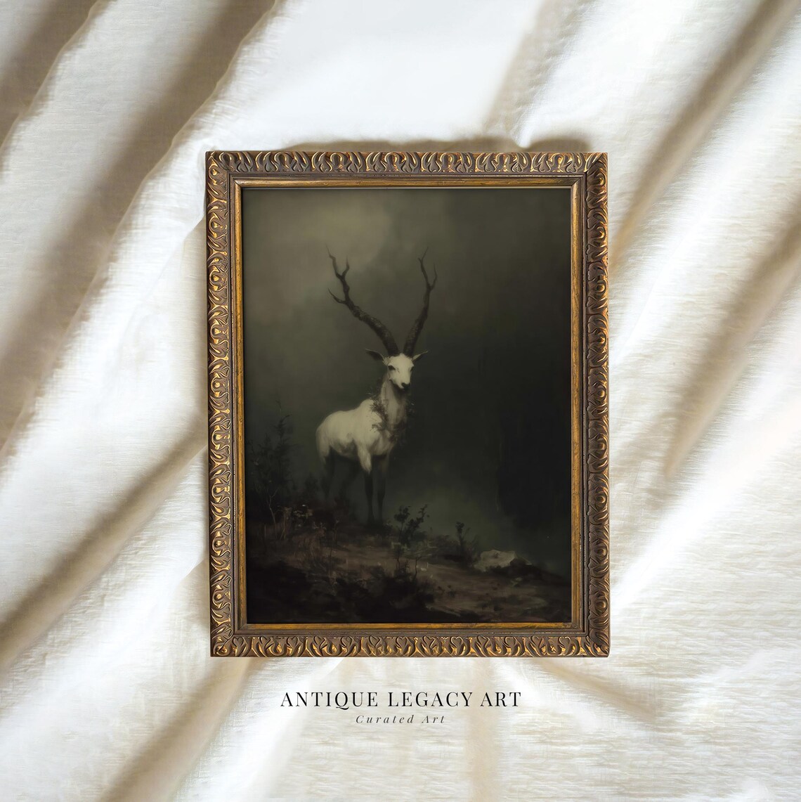 Vintage Gothic White Stag Art Print, Dark Academia