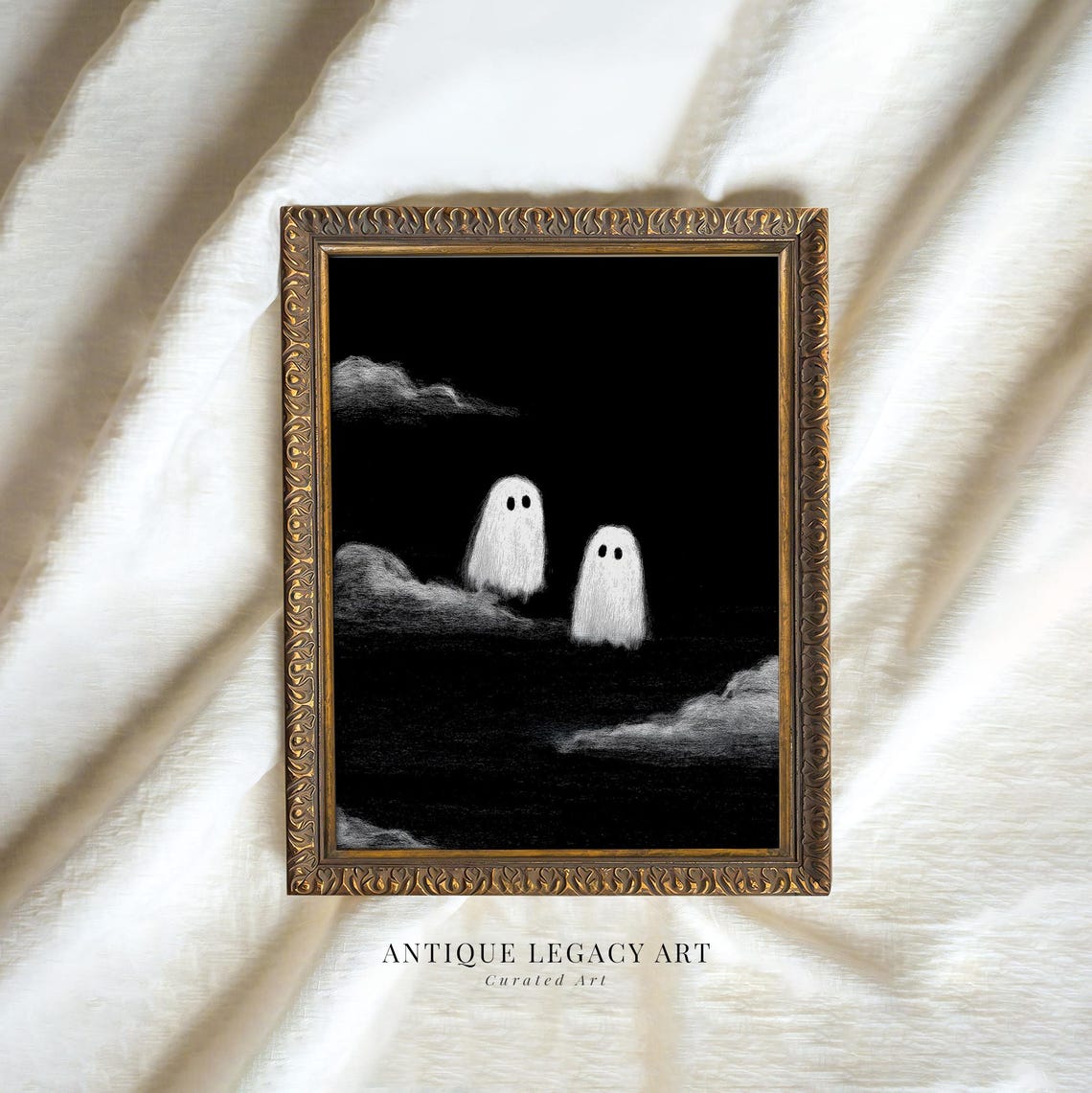 Two Cute Ghosts Night Sky Clouds Minimal Spooky Halloween Poster
