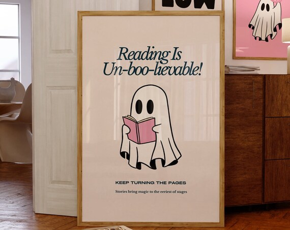 Cute Reading Ghost Un-boo-lievable Kids Halloween Classroom Poster