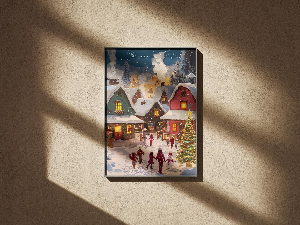 Snowy Village Christmas Night Watercolor Winter Wonderland Poster