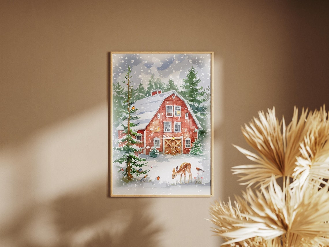 Snowy Red Barn Watercolor Winter Farm Scene with Deer Christmas Print