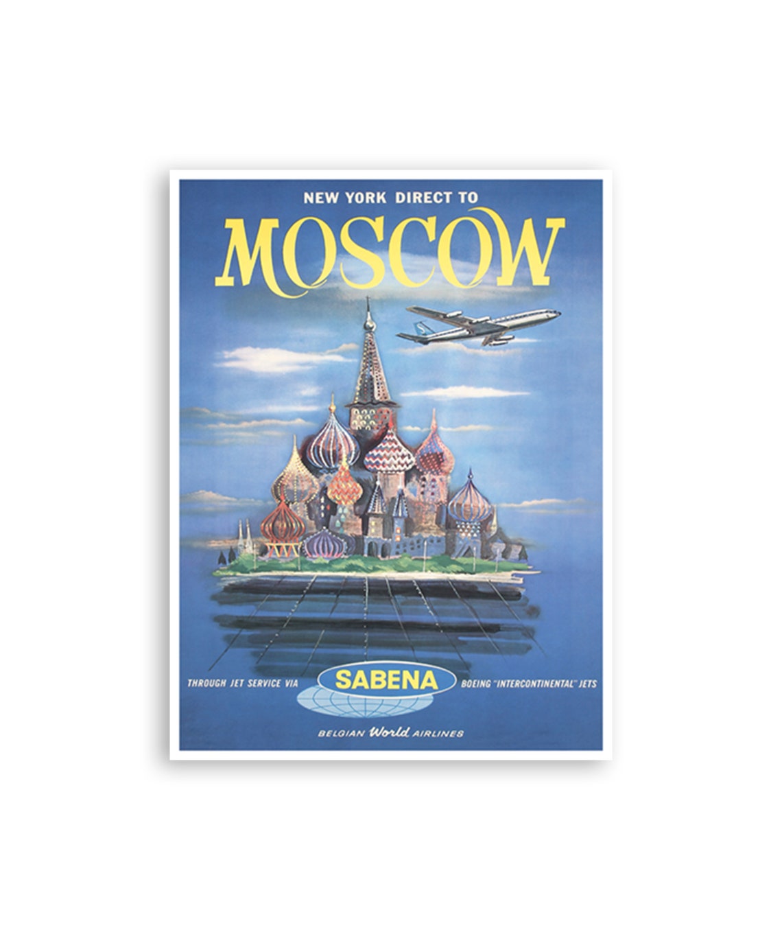New York Direct to Moscow Vintage Travel Poster Sabena Jet Art