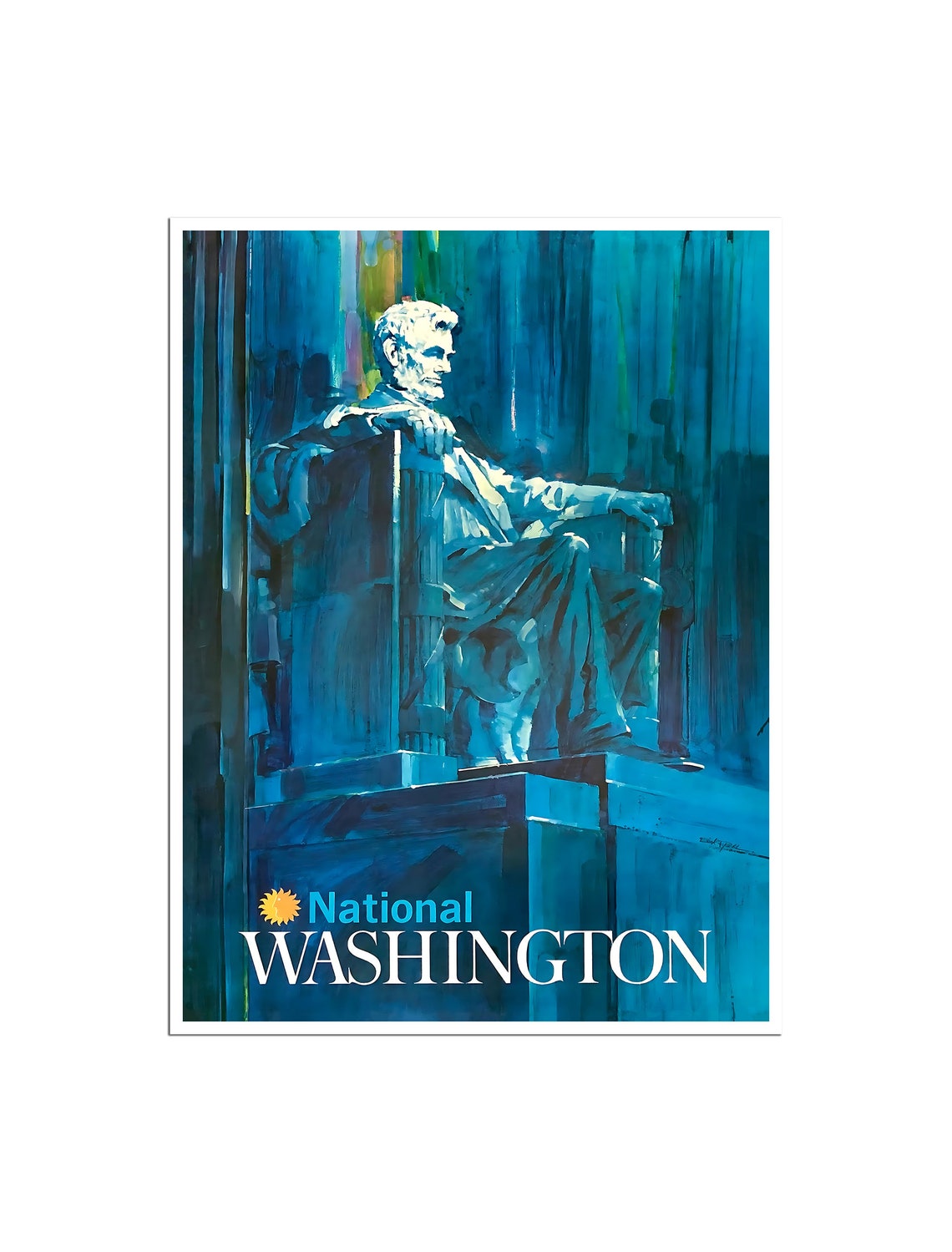 Washington DC Lincoln Memorial Blue National Airlines Vintage Poster