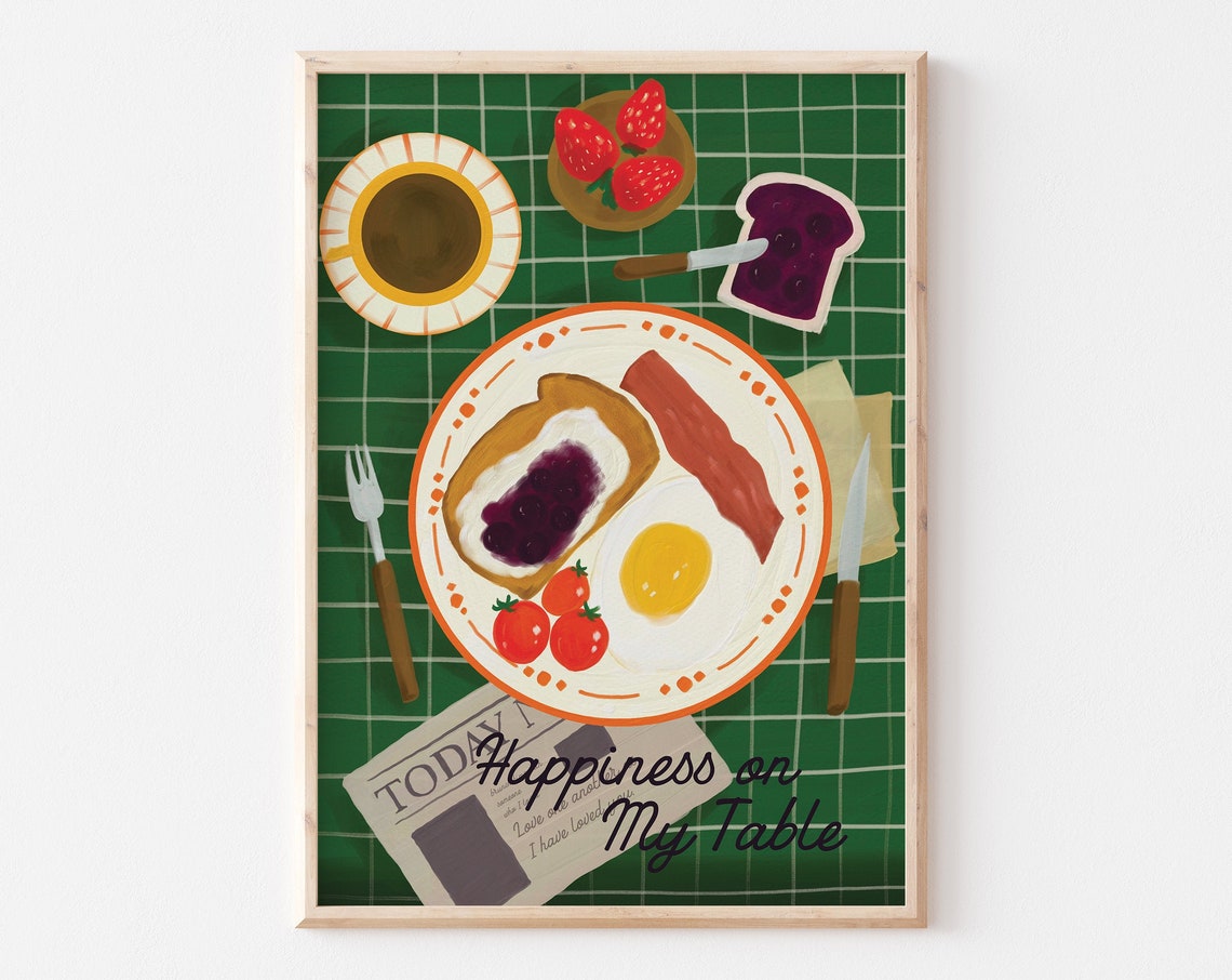 Happiness on My Table Breakfast Food Illustration Kitchen Wall Art