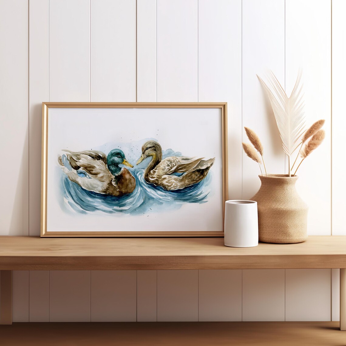 Pair of Mallard Ducks Swimming Lake Watercolour Bird Art Poster