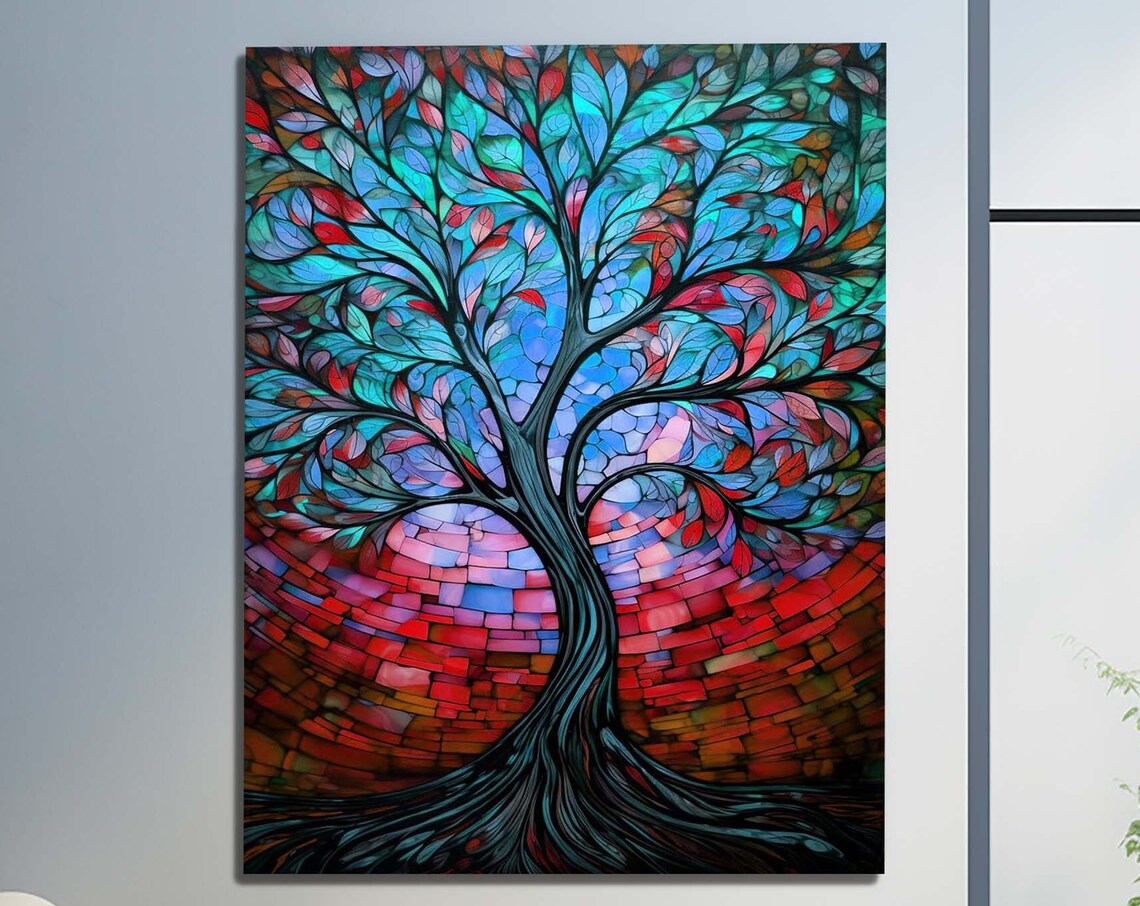 Blue Tree of Life Stained Glass Style Tempered Glass Wall Art